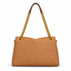 Tory Burch Kira brown pebbled leather handbag with chain and leather shoulder strap designed for women