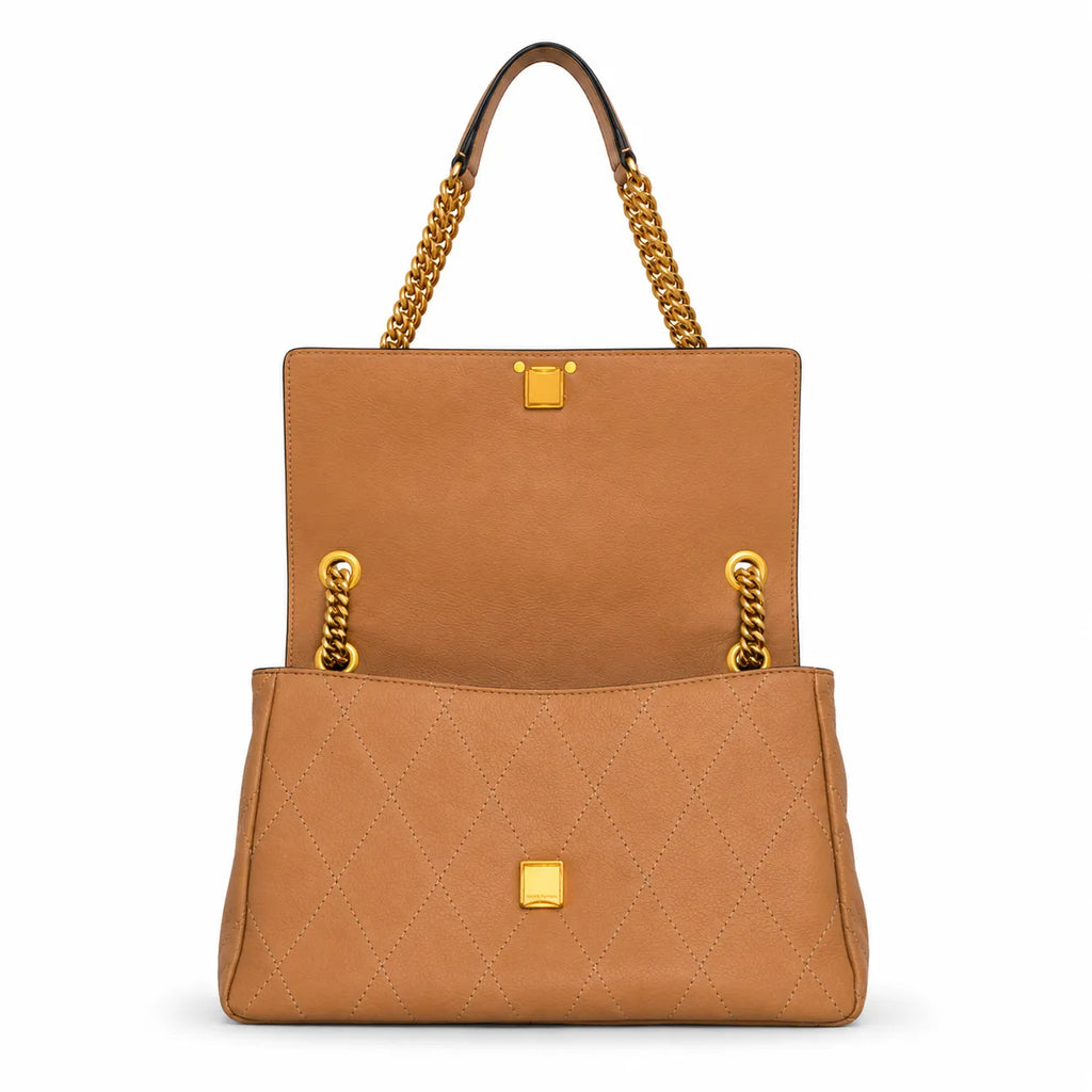 Tory Burch Kira brown pebbled leather handbag with chain and leather shoulder strap designed for women
