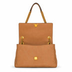 Tory Burch Kira brown pebbled leather handbag with chain and leather shoulder strap designed for women