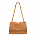 Tory Burch Kira brown pebbled leather handbag with chain and leather shoulder strap designed for women