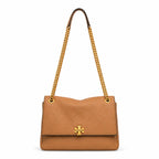 Tory Burch Kira brown pebbled leather handbag with chain and leather shoulder strap designed for women