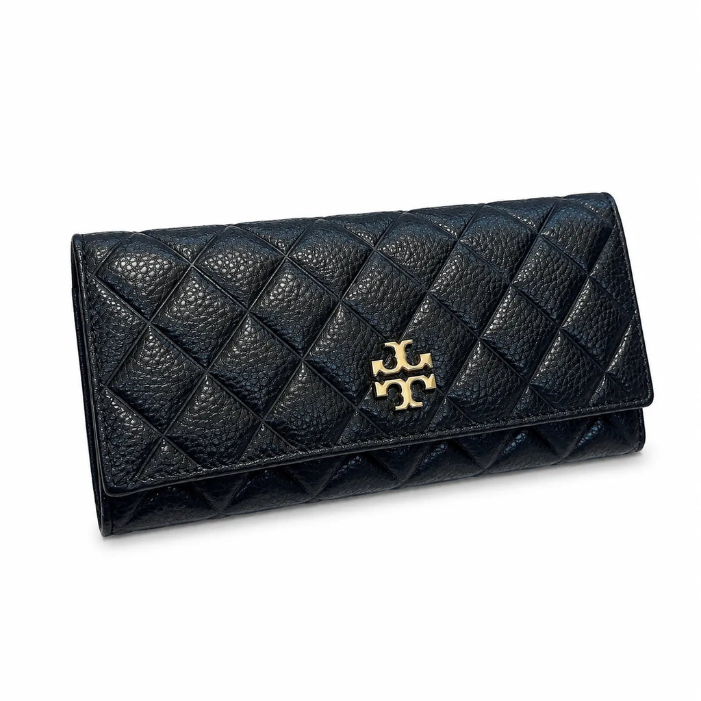 Tory Burch KIRA black quilted leather wallet with multiple card slots and a zippered coin pocket a women's everyday KIRA long wallet