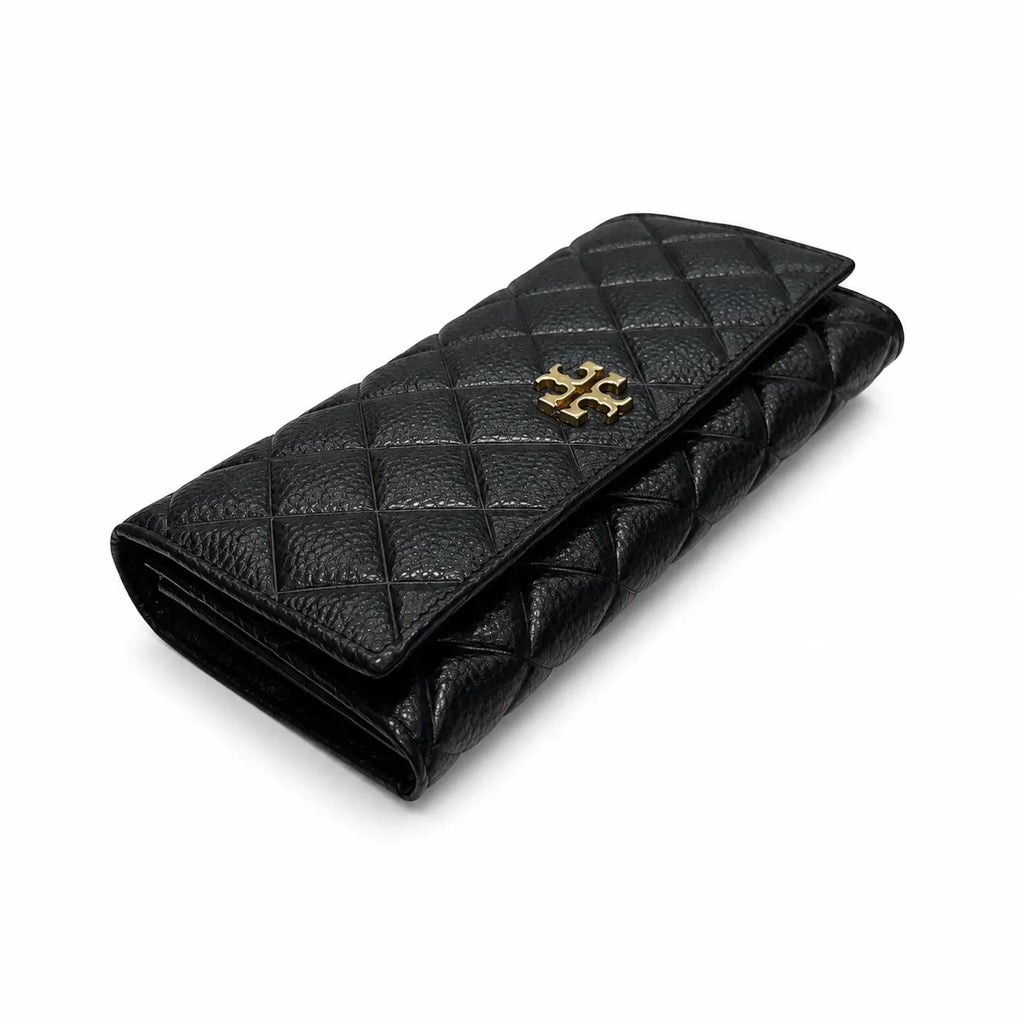 Tory Burch KIRA black quilted leather wallet with multiple card slots and a zippered coin pocket a women's everyday KIRA long wallet