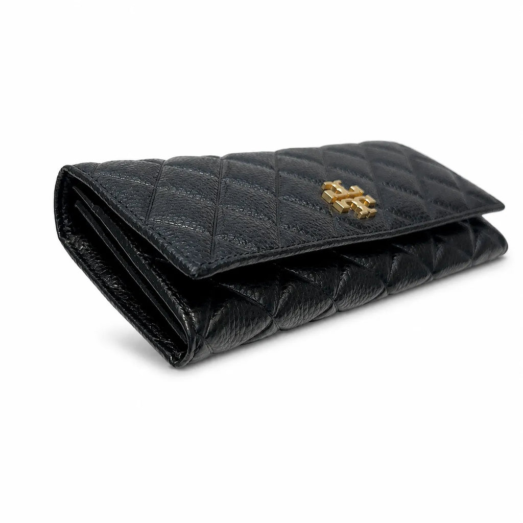 Tory Burch KIRA black quilted leather wallet with multiple card slots and a zippered coin pocket a women's everyday KIRA long wallet