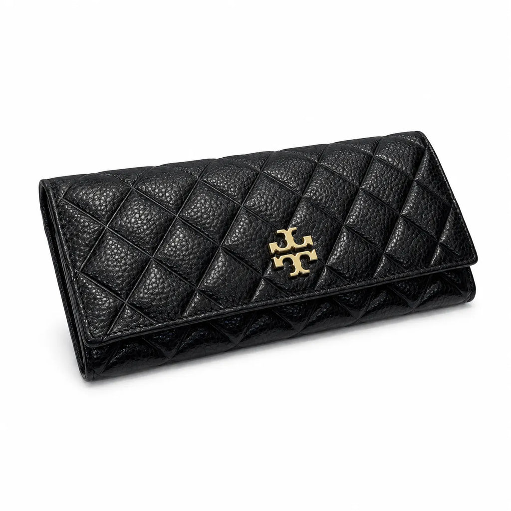 Tory Burch KIRA black quilted leather wallet with multiple card slots and a zippered coin pocket a women's everyday KIRA long wallet