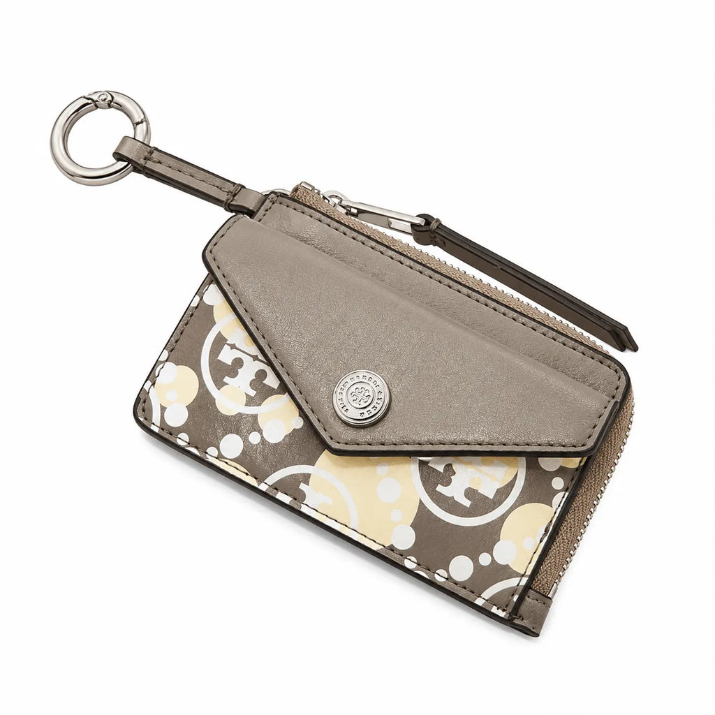 Tory Burch | Grey and beige letter-patterned canvas  multi-card slot design comes with a detachable wrist strap  compact and portable suitable for everyday use and travel