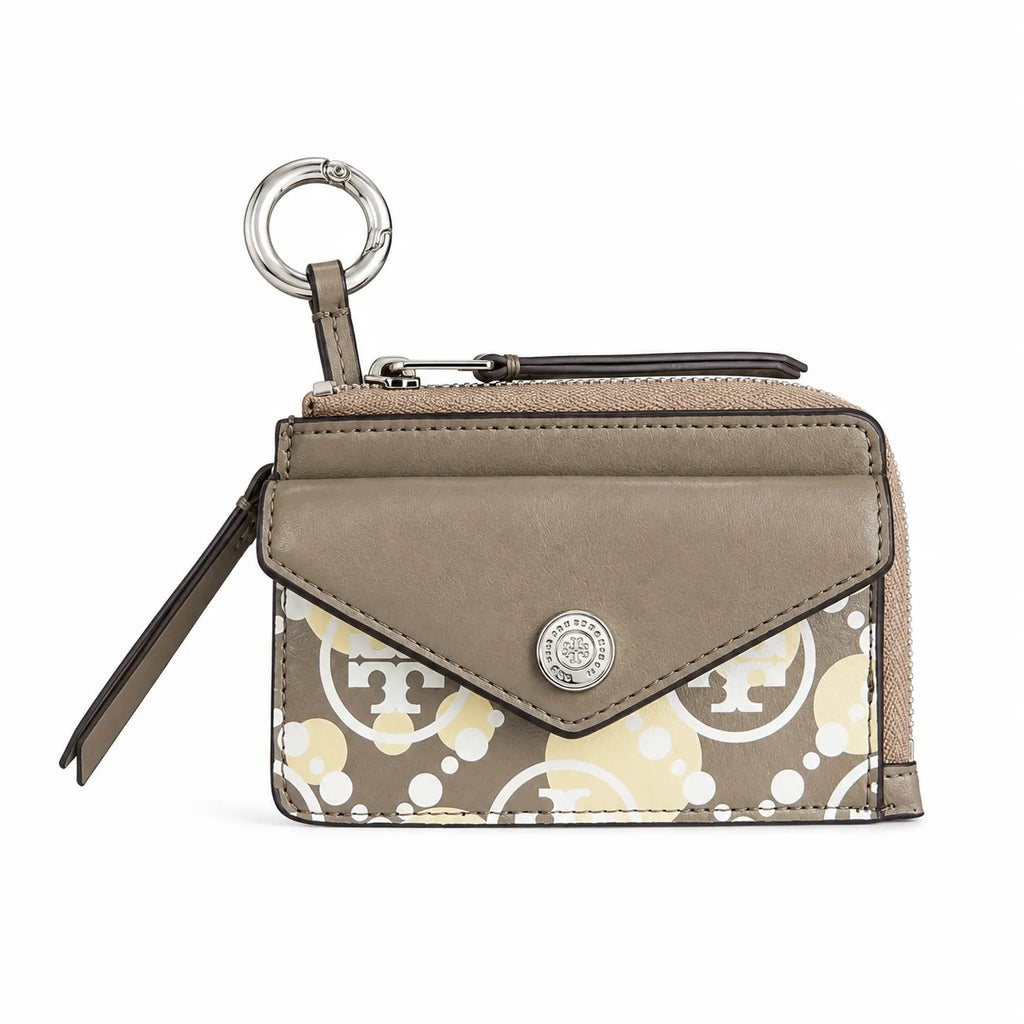 Tory Burch | Grey and beige letter-patterned canvas  multi-card slot design comes with a detachable wrist strap  compact and portable suitable for everyday use and travel
