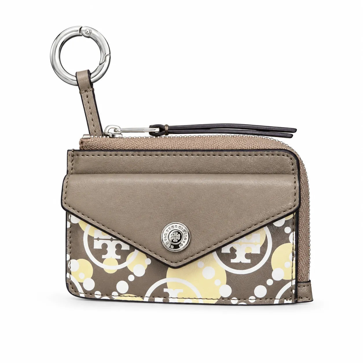 Tory Burch | Grey and beige letter-patterned canvas  multi-card slot design comes with a detachable wrist strap  compact and portable suitable for everyday use and travel