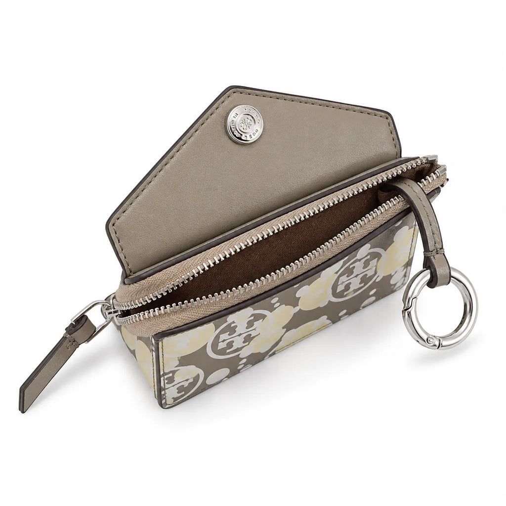 Tory Burch | Grey and beige letter-patterned canvas  multi-card slot design comes with a detachable wrist strap  compact and portable suitable for everyday use and travel