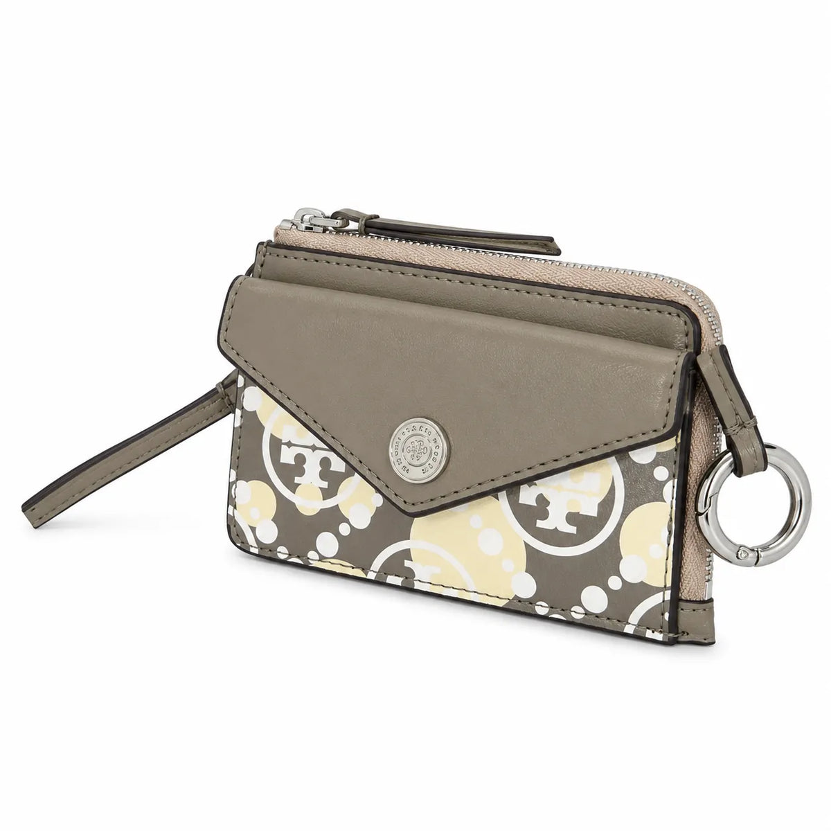 Tory Burch | Grey and beige letter-patterned canvas  multi-card slot design comes with a detachable wrist strap  compact and portable suitable for everyday use and travel