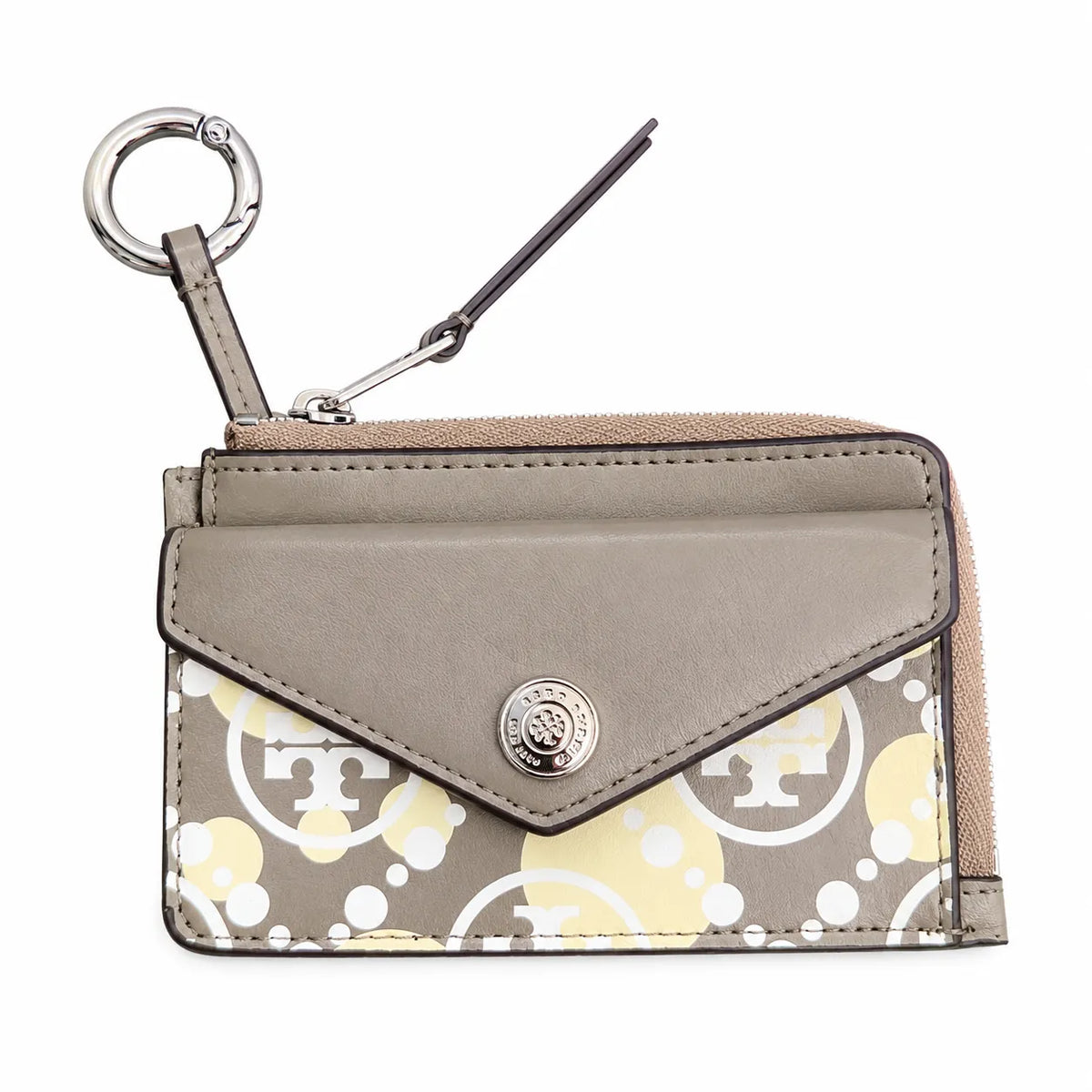 Tory Burch | Grey and beige letter-patterned canvas  multi-card slot design comes with a detachable wrist strap  compact and portable suitable for everyday use and travel