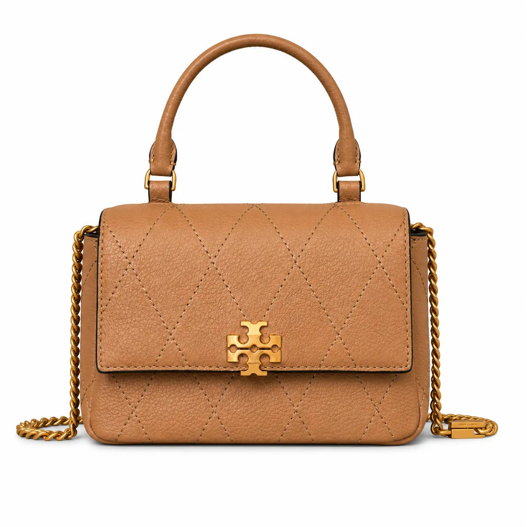 Tory Burch caramel leather women's KIRA mini quilted handbag with a detachable chain shoulder strap and top handle