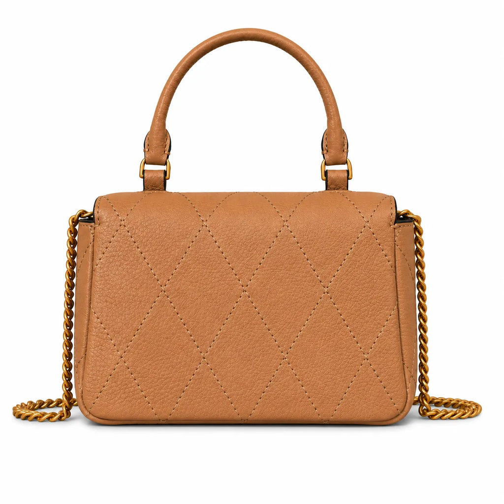 Tory Burch caramel leather women's KIRA mini quilted handbag with a detachable chain shoulder strap and top handle