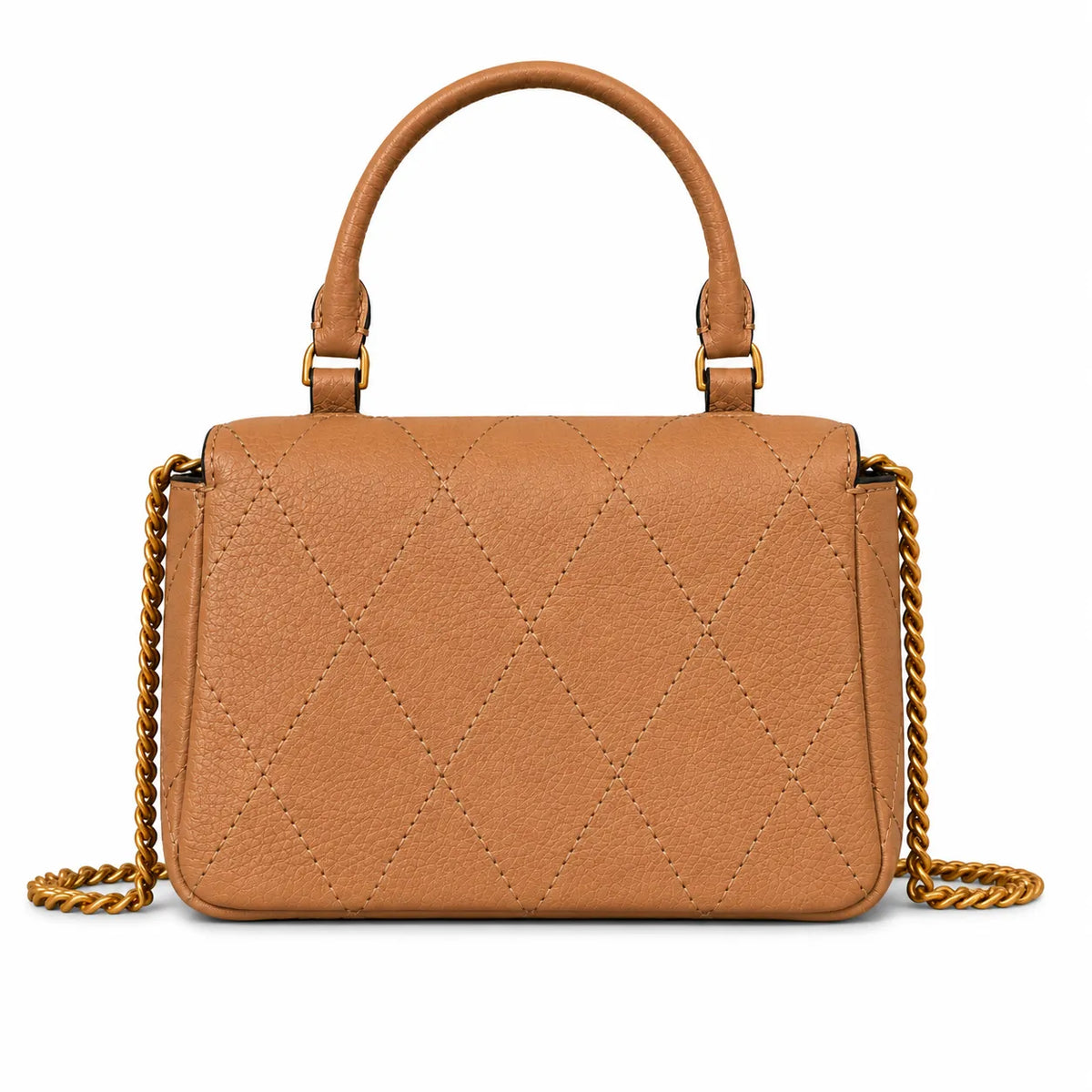 Tory Burch caramel leather women's KIRA mini quilted handbag with a detachable chain shoulder strap and top handle