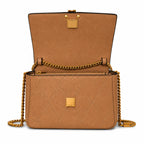 Tory Burch caramel leather women's KIRA mini quilted handbag with a detachable chain shoulder strap and top handle