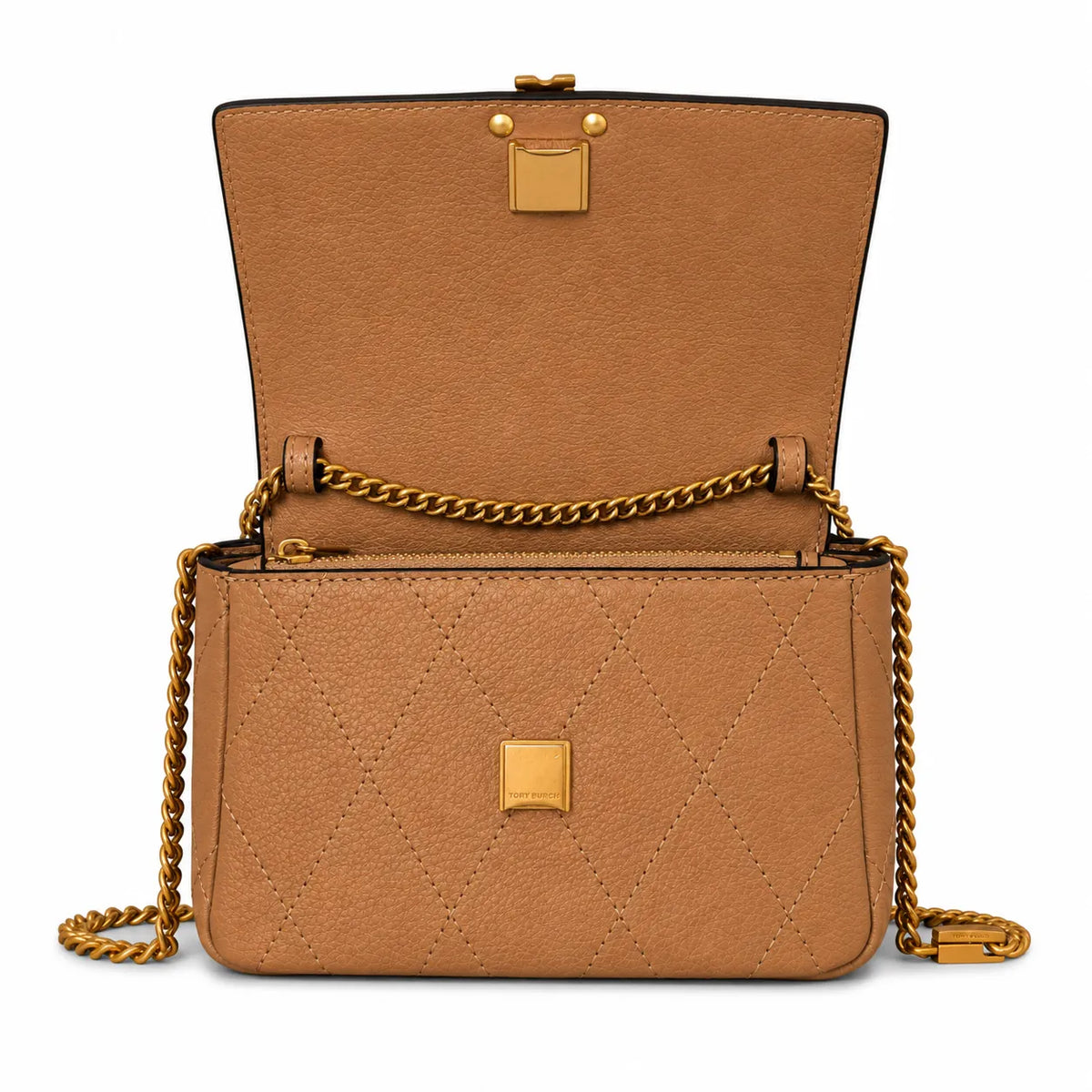 Tory Burch caramel leather women's KIRA mini quilted handbag with a detachable chain shoulder strap and top handle