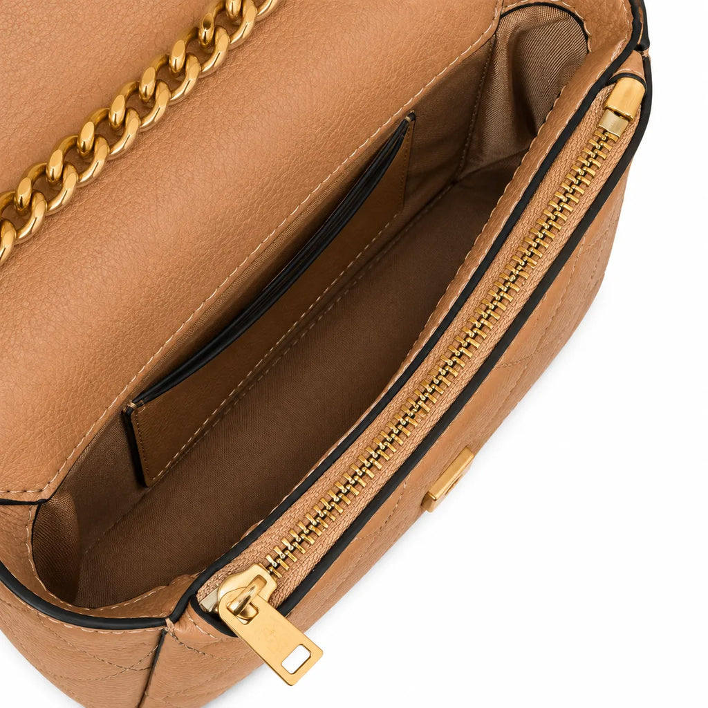 Tory Burch caramel leather women's KIRA mini quilted handbag with a detachable chain shoulder strap and top handle