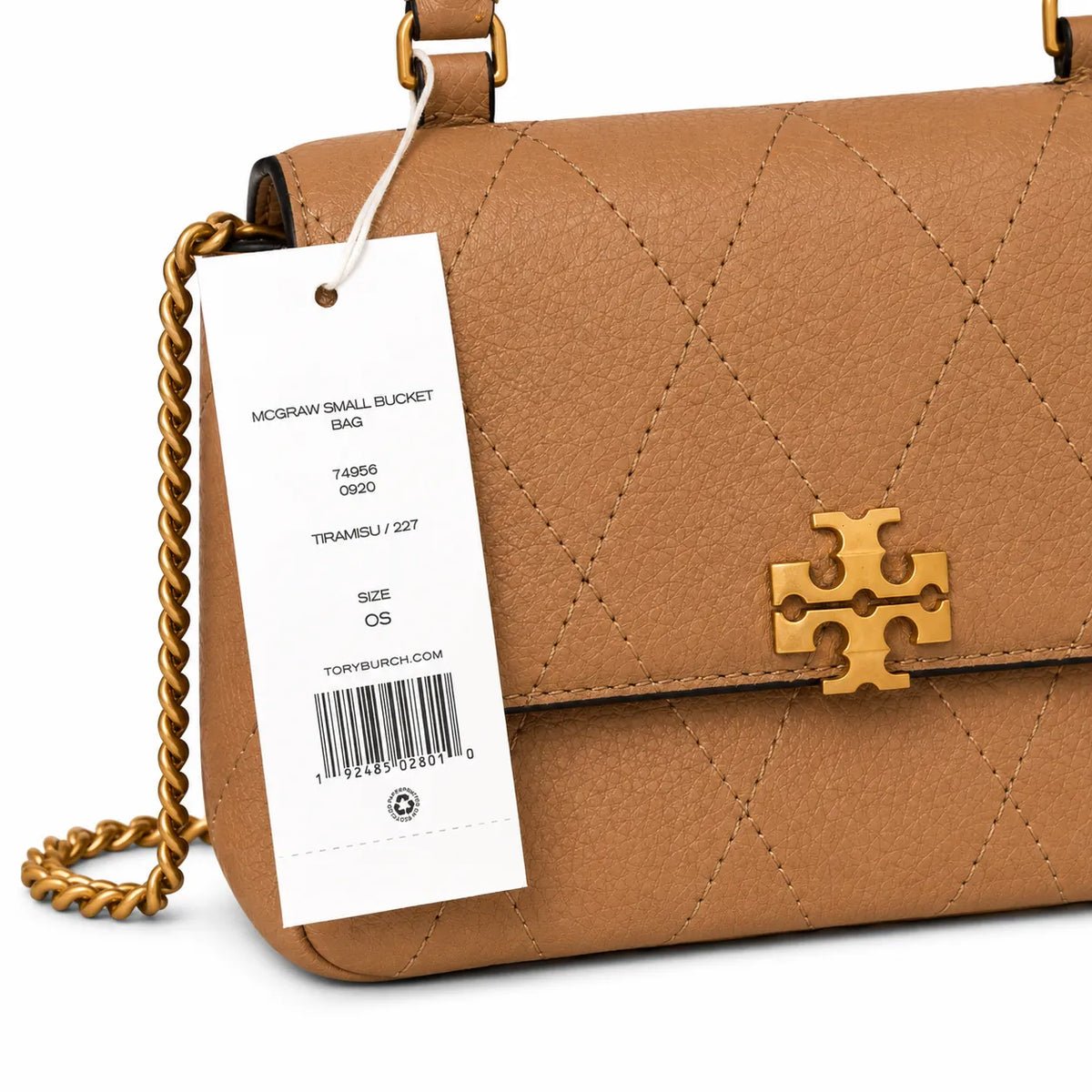 Tory Burch caramel leather women's KIRA mini quilted handbag with a detachable chain shoulder strap and top handle