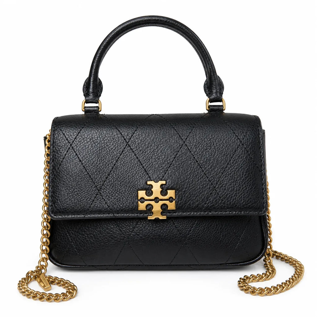 This Tory Burch bag in black leather features a detachable chain shoulder strap and top handle and can be converted into a shoulder bag or crossbody bag for women