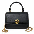 This Tory Burch bag in black leather features a detachable chain shoulder strap and top handle and can be converted into a shoulder bag or crossbody bag for women
