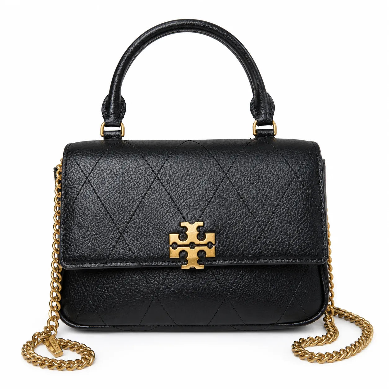 This Tory Burch bag in black leather features a detachable chain shoulder strap and top handle and can be converted into a shoulder bag or crossbody bag for women