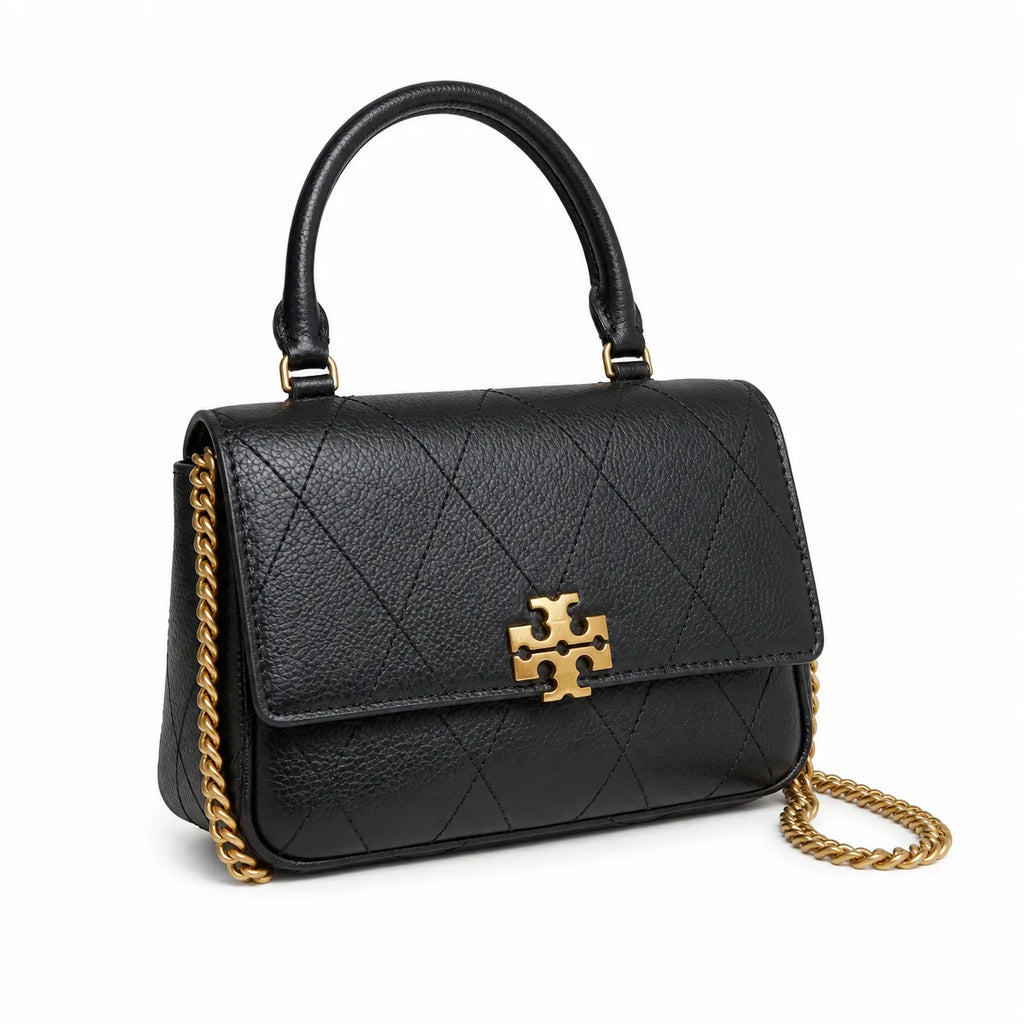 This Tory Burch bag in black leather features a detachable chain shoulder strap and top handle and can be converted into a shoulder bag or crossbody bag for women
