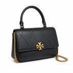 This Tory Burch bag in black leather features a detachable chain shoulder strap and top handle and can be converted into a shoulder bag or crossbody bag for women