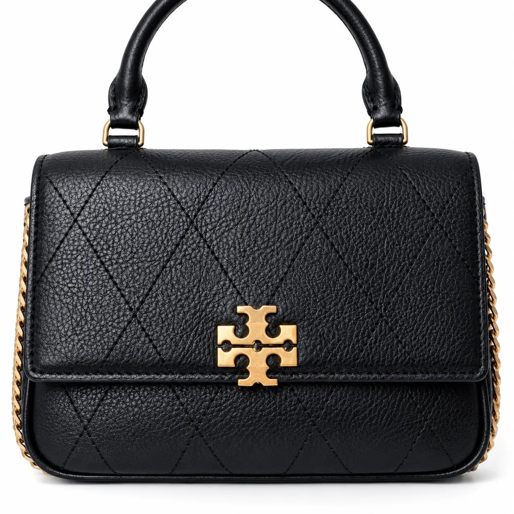 This Tory Burch bag in black leather features a detachable chain shoulder strap and top handle and can be converted into a shoulder bag or crossbody bag for women
