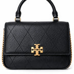 This Tory Burch bag in black leather features a detachable chain shoulder strap and top handle and can be converted into a shoulder bag or crossbody bag for women