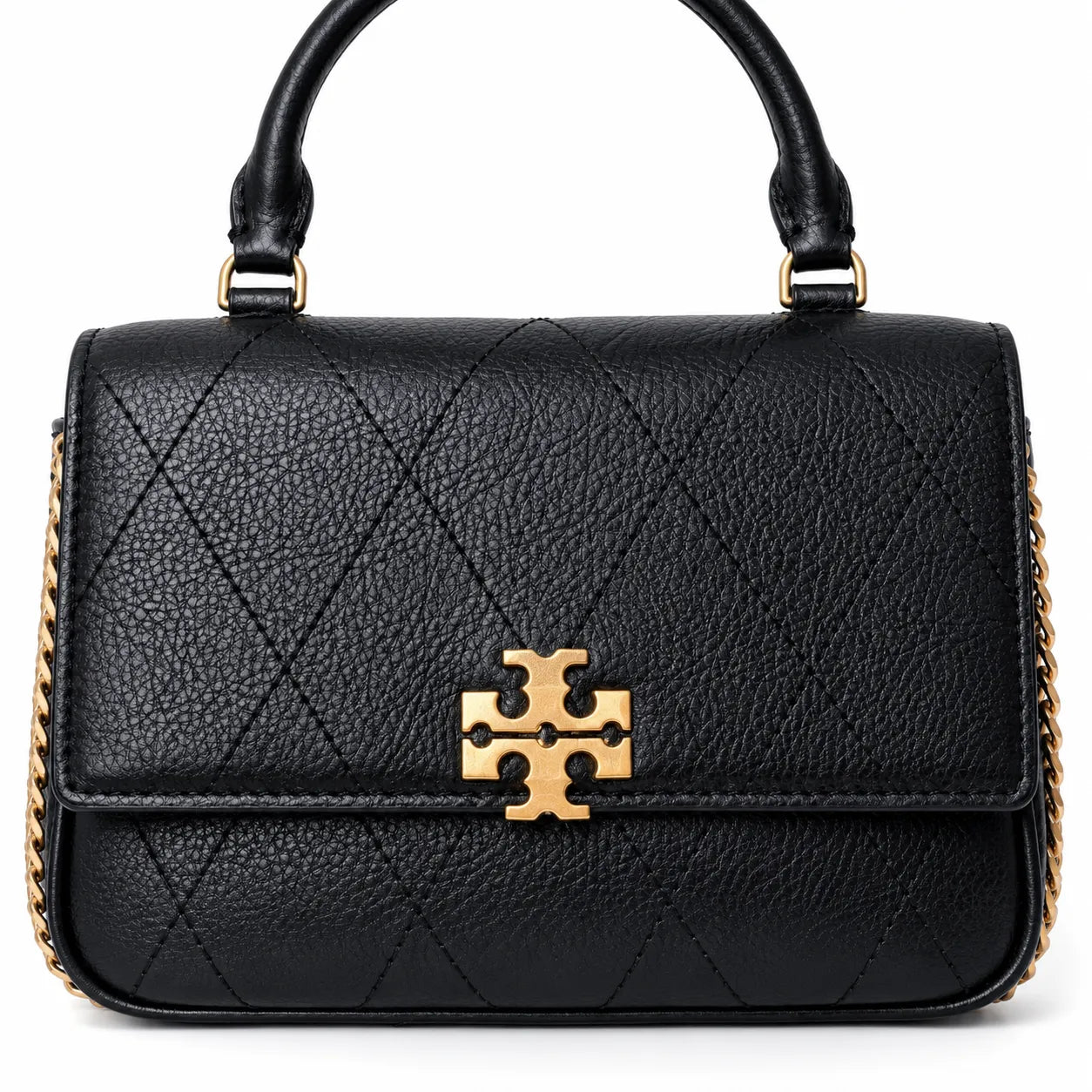 This Tory Burch bag in black leather features a detachable chain shoulder strap and top handle and can be converted into a shoulder bag or crossbody bag for women
