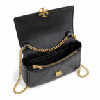 This Tory Burch bag in black leather features a detachable chain shoulder strap and top handle and can be converted into a shoulder bag or crossbody bag for women