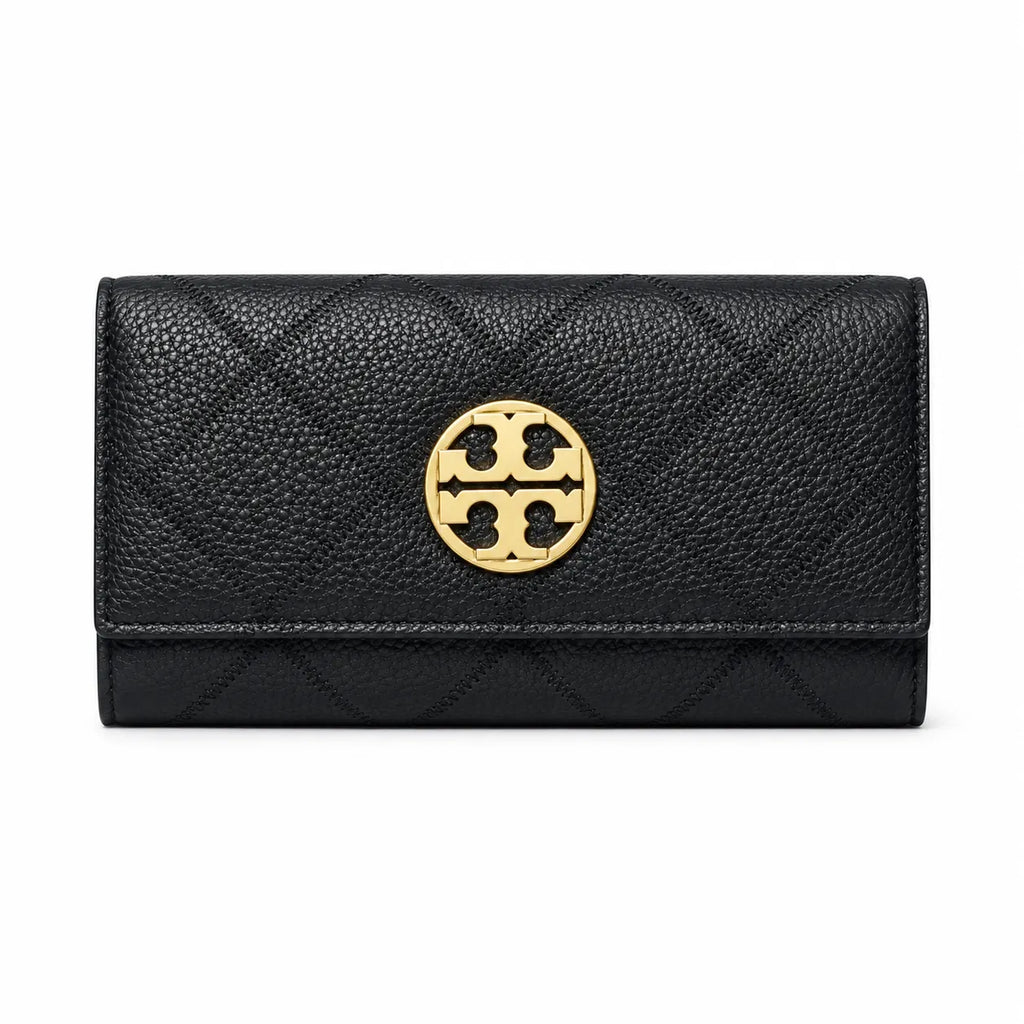 Tory Burch | Black quilted leather  multi-card slots and zippered coin pocket women's everyday KIRA long wallet