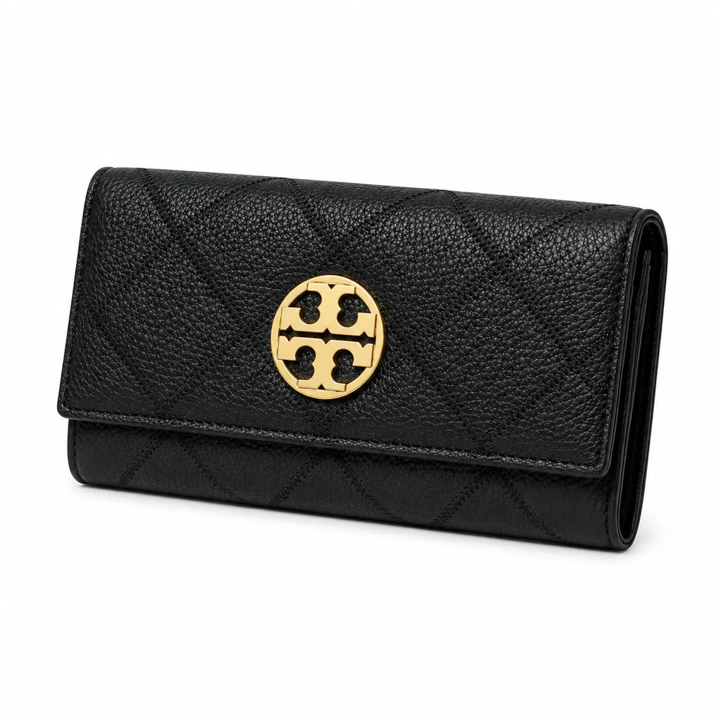 Tory Burch | Black quilted leather  multi-card slots and zippered coin pocket women's everyday KIRA long wallet