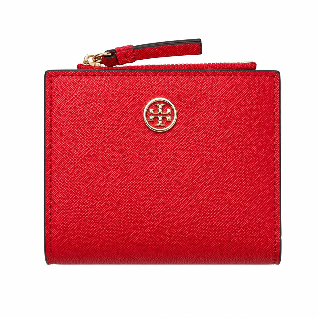 Tory Burch Robinson | Red Saffiano leather multi-card slots and zippered coin pocket small and foldable women's wallet