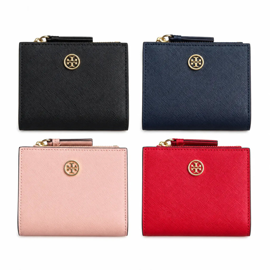 Tory Burch Robinson | Red Saffiano leather multi-card slots and zippered coin pocket small and foldable women's wallet