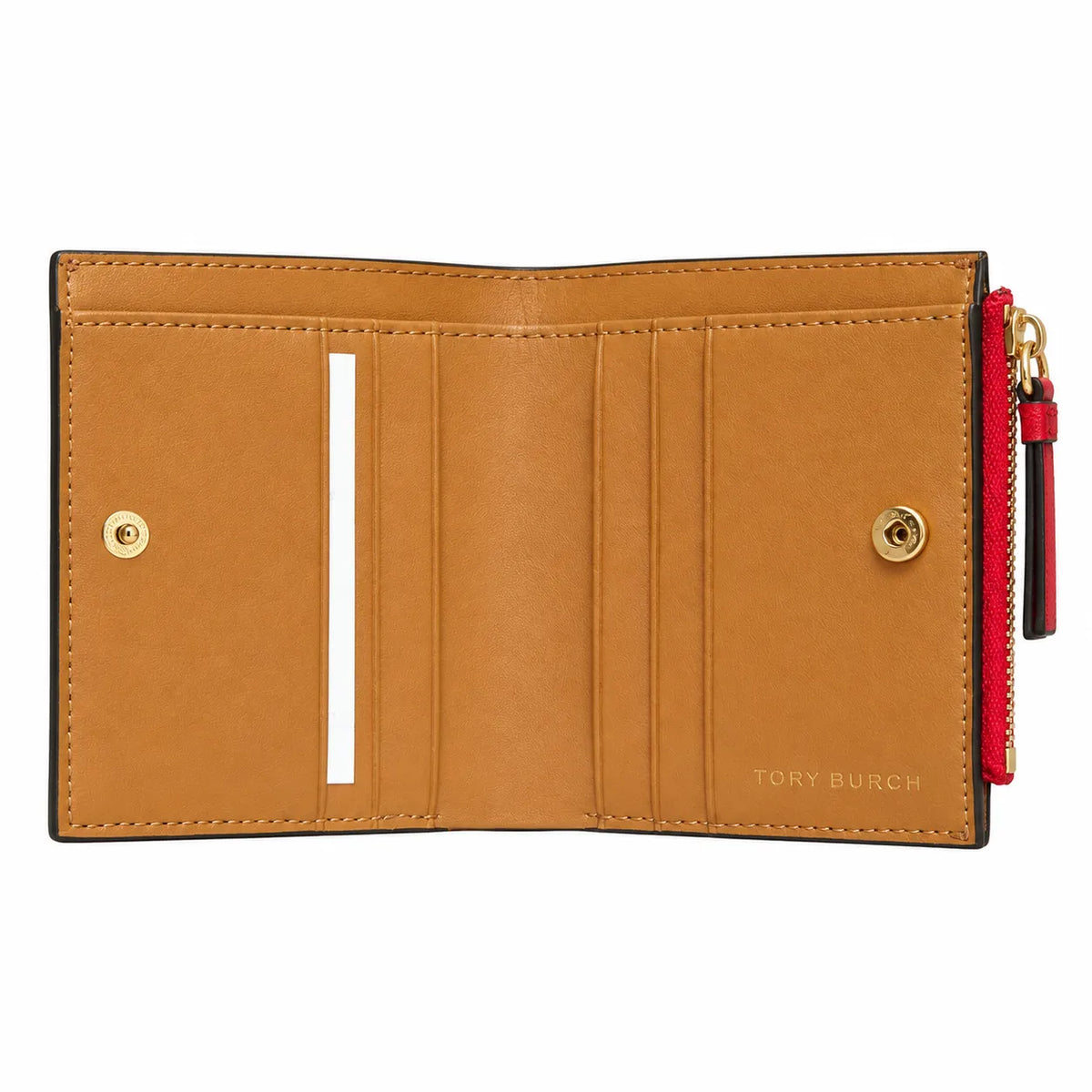 Tory Burch Robinson | Red Saffiano leather multi-card slots and zippered coin pocket small and foldable women's wallet
