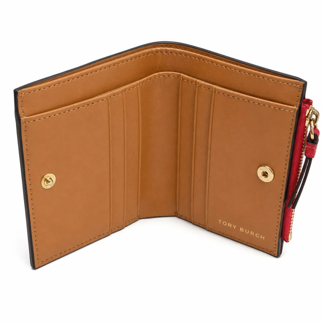 Tory Burch Robinson | Red Saffiano leather multi-card slots and zippered coin pocket small and foldable women's wallet