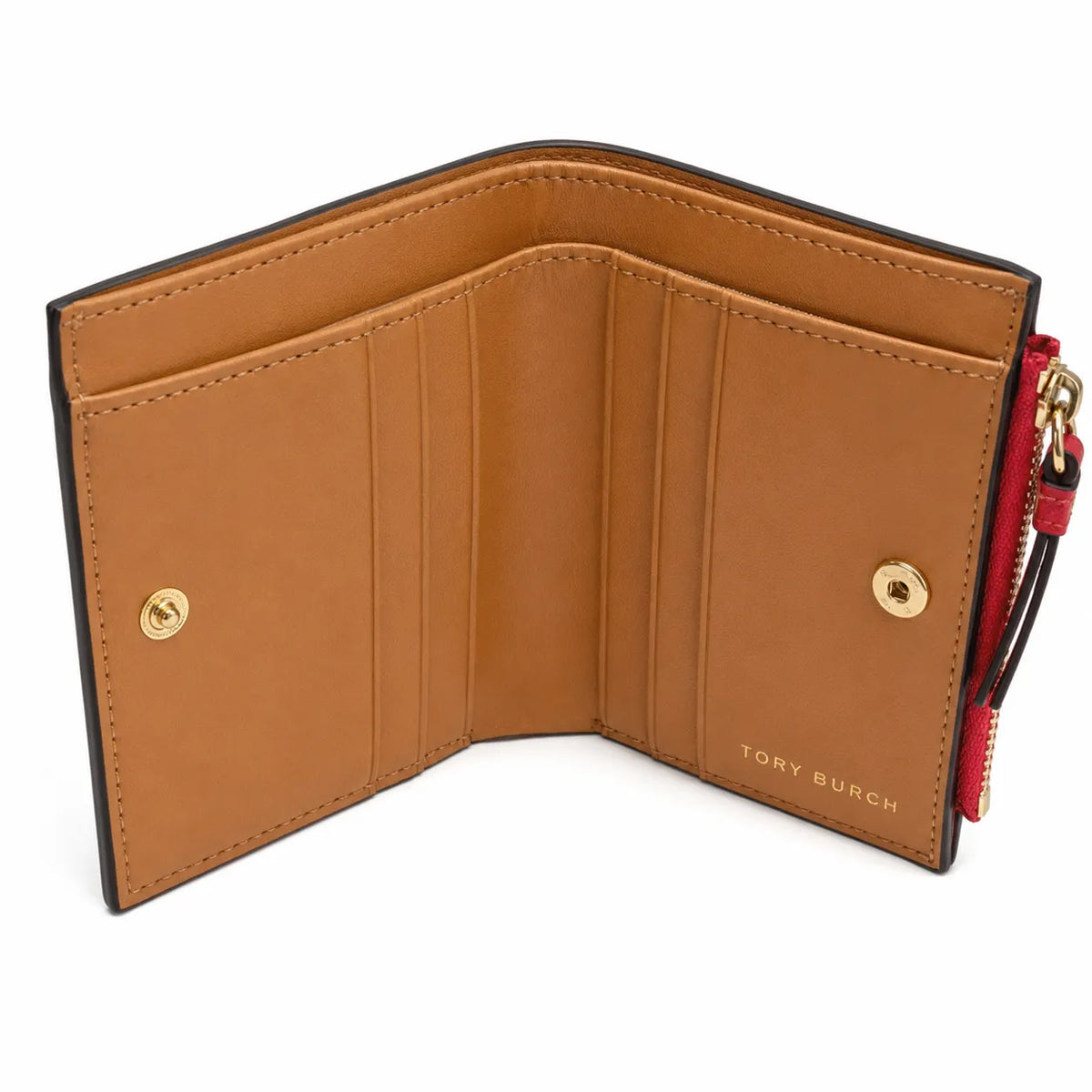 Tory Burch Robinson | Red Saffiano leather multi-card slots and zippered coin pocket small and foldable women's wallet