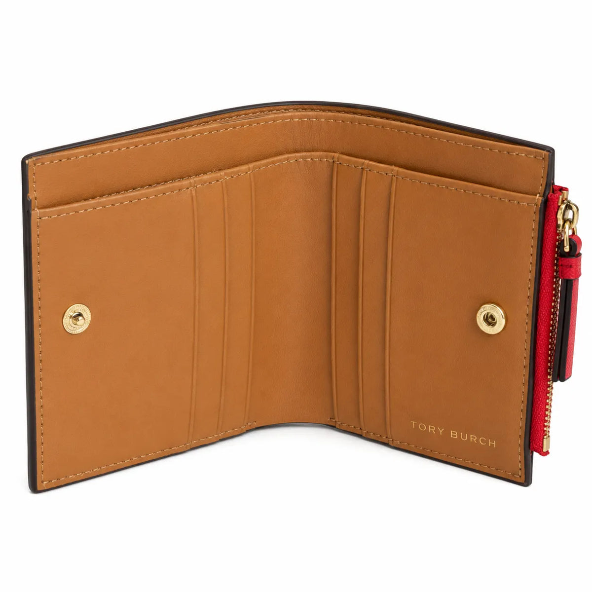 Tory Burch Robinson | Red Saffiano leather multi-card slots and zippered coin pocket small and foldable women's wallet