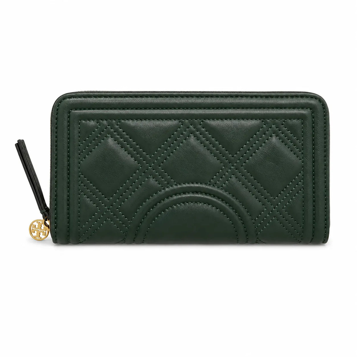 Tory Burch Fleming tan quilted leather clutch with multiple card slots and a zippered coin pocket foldable women's clutch