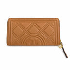 Tory Burch Fleming tan quilted leather clutch with multiple card slots and a zippered coin pocket foldable women's clutch