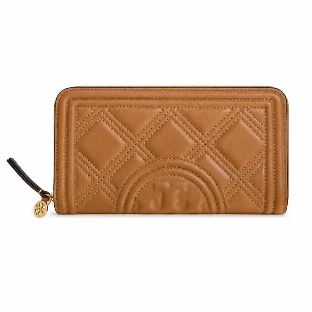Tory Burch Fleming tan quilted leather clutch with multiple card slots and a zippered coin pocket foldable women's clutch