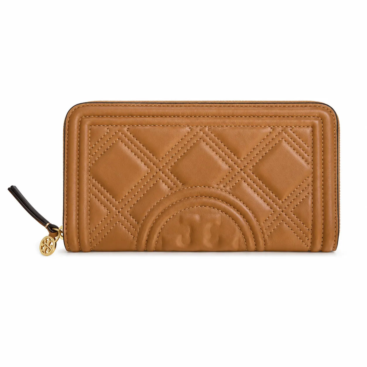 Tory Burch Fleming tan quilted leather clutch with multiple card slots and a zippered coin pocket foldable women's clutch
