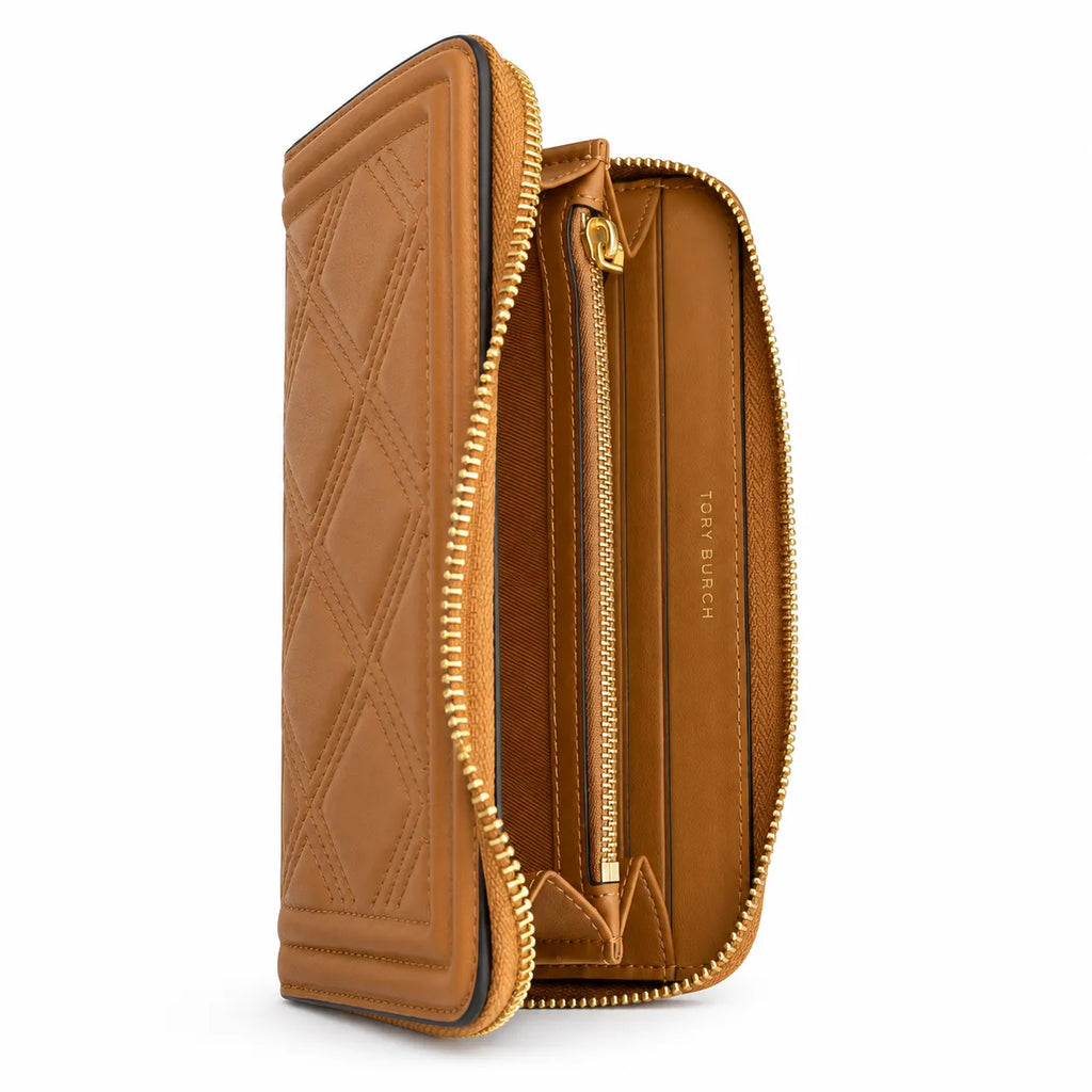 Tory Burch Fleming tan quilted leather clutch with multiple card slots and a zippered coin pocket foldable women's clutch