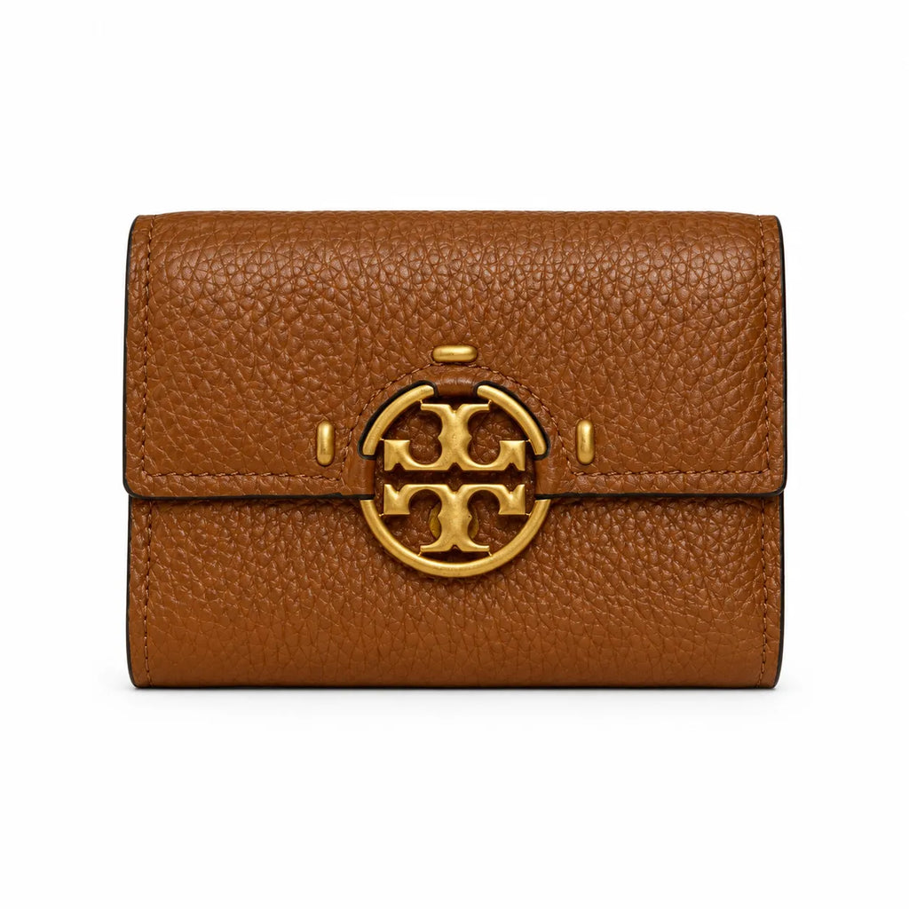 Tory Burch Miller black pebbled leather wallet with multiple card slots and a zippered coin pocket compact and foldable women's wallet