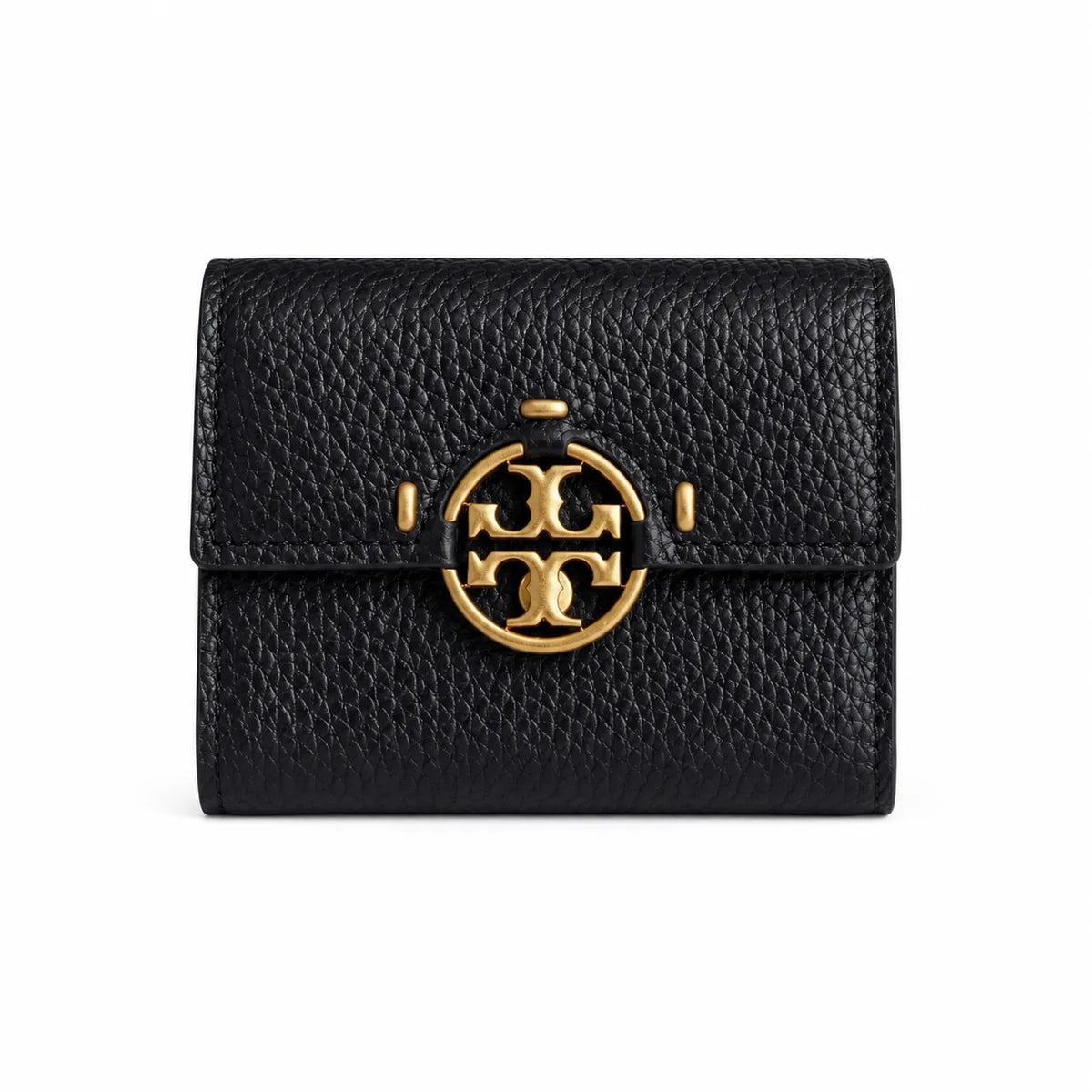 Tory Burch Miller black pebbled leather wallet with multiple card slots and a zippered coin pocket compact and foldable women's wallet