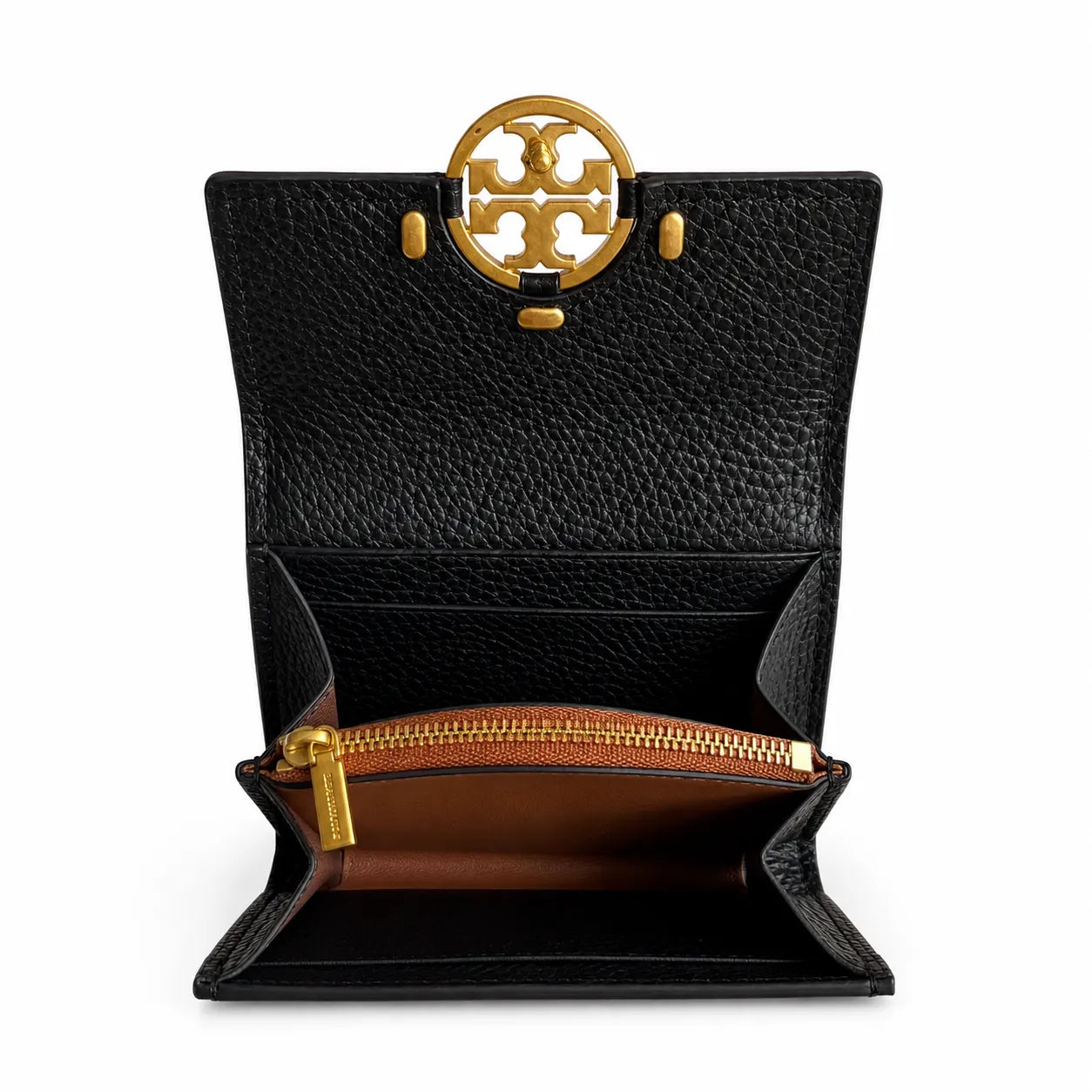 Tory Burch Miller black pebbled leather wallet with multiple card slots and a zippered coin pocket compact and foldable women's wallet