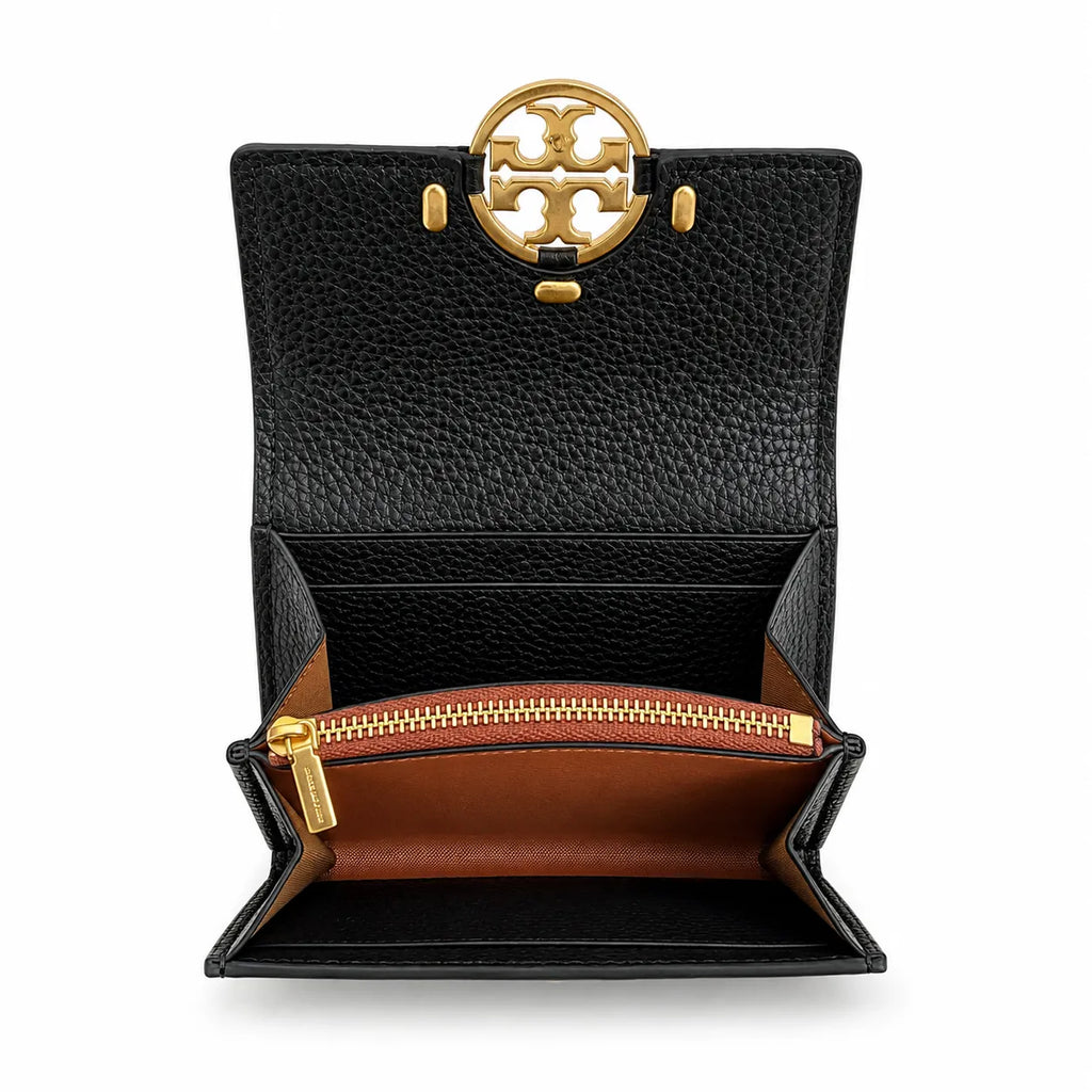 Tory Burch Miller black pebbled leather wallet with multiple card slots and a zippered coin pocket compact and foldable women's wallet