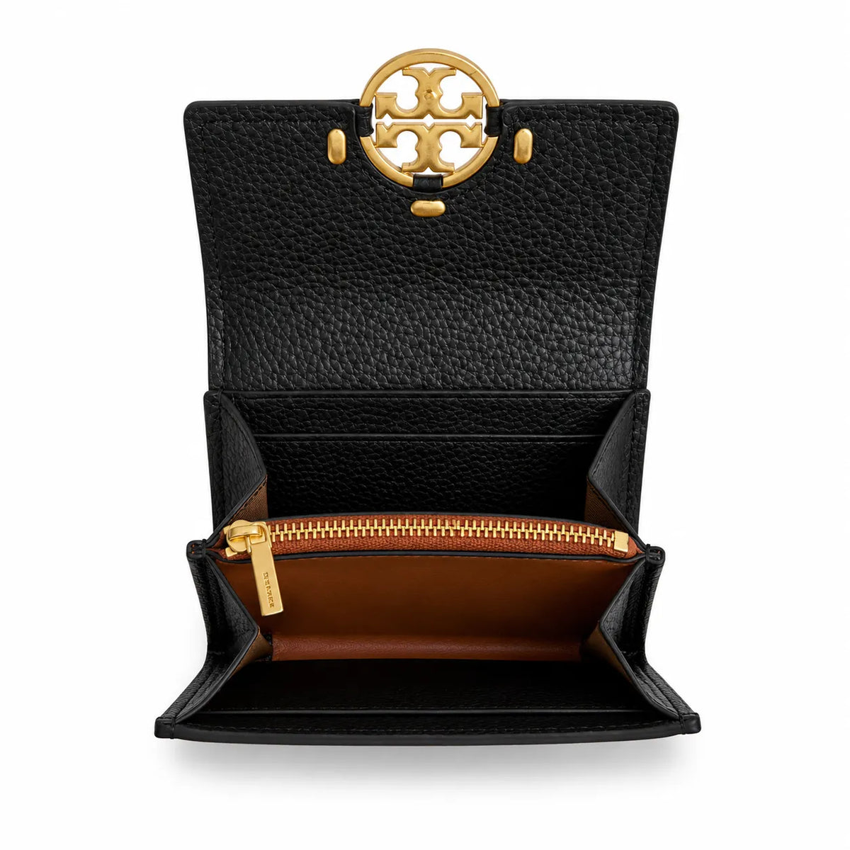 Tory Burch Miller black pebbled leather wallet with multiple card slots and a zippered coin pocket compact and foldable women's wallet