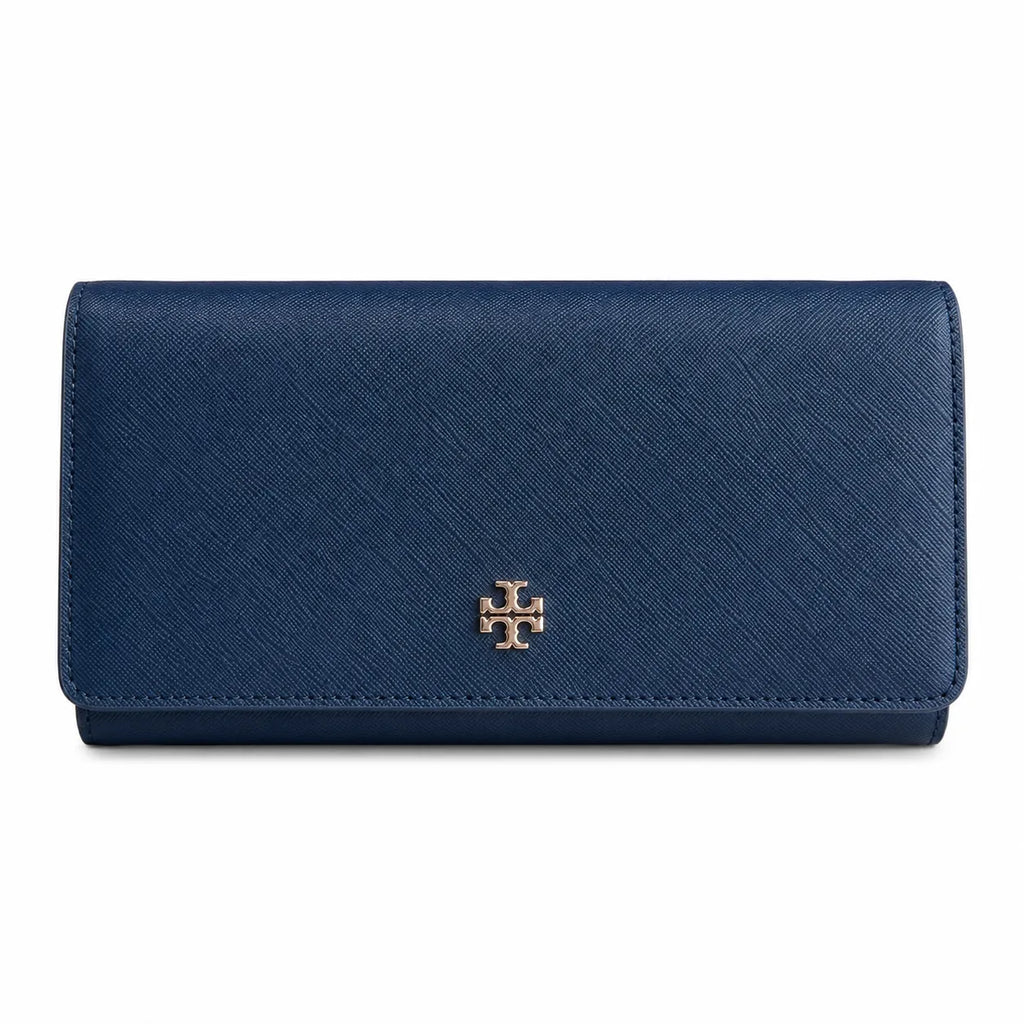 Tory Burch Robinson Navy Blue Saffiano Leather Handbag with Multiple Card Slots and Zippered Coin Purse  Women's Foldable Clutch